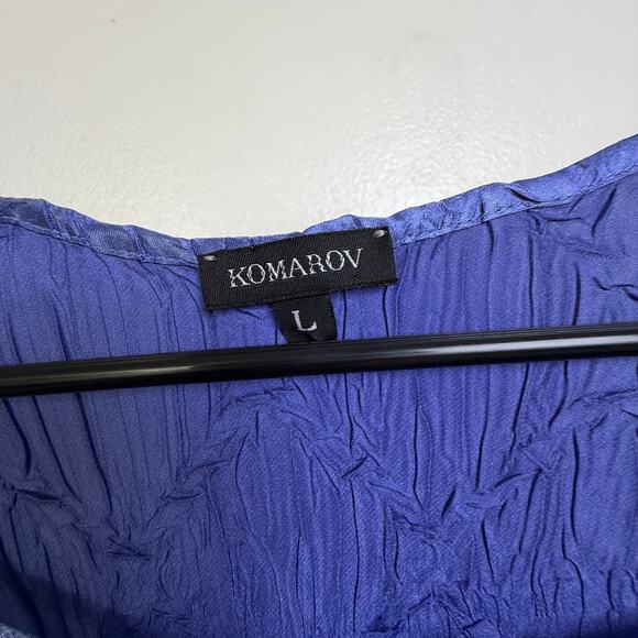 Komarov Crinkle Top Womens Large Blue Short Sleeve Shirt Sheer Holiday Sheen USA - Picture 4 of 8